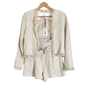Sen Clea Tweed Fringe Open Front Blazer Jacket & Ilda Tweed Shorts set size S